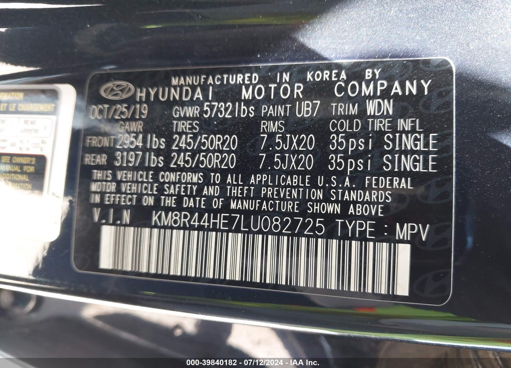 2020 HYUNDAI PALISADE SEL VIN: KM8R44HE7LU082725