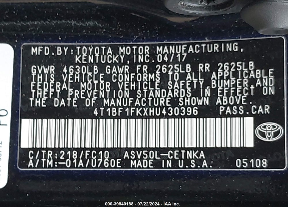 2017 TOYOTA CAMRY LE VIN: 4T1BF1FKXHU430396