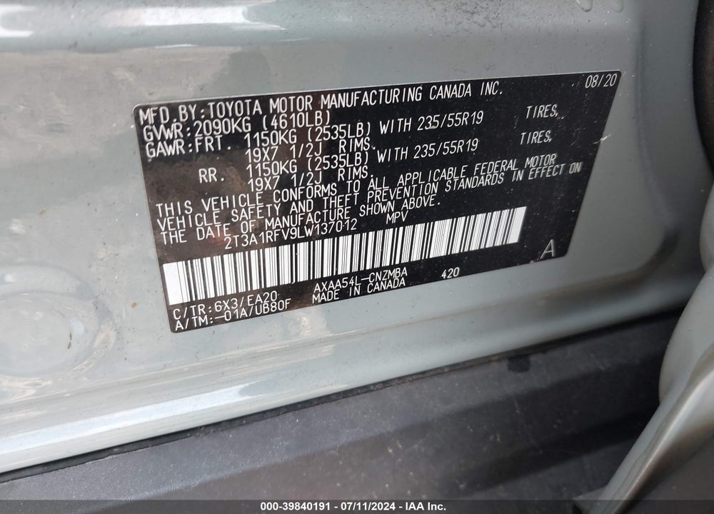 2020 TOYOTA RAV4 XLE PREMIUM VIN: 2T3A1RFV9LW137012