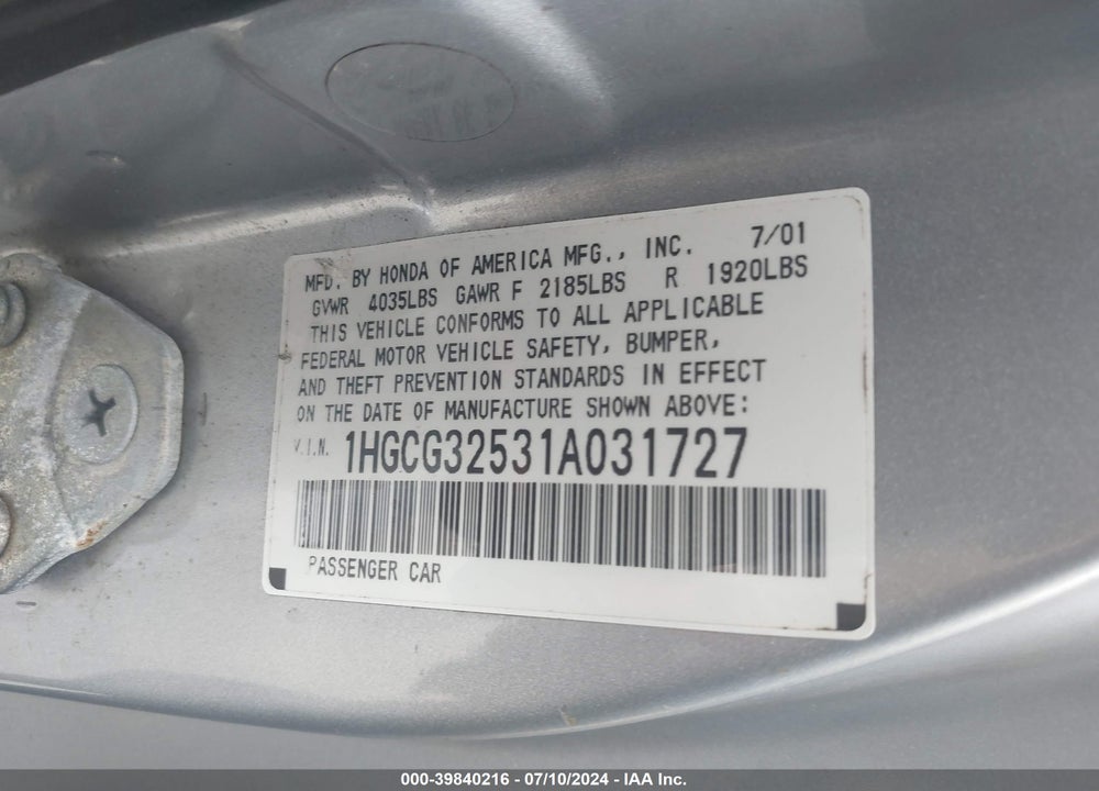 2001 HONDA ACCORD 2.3 EX VIN: 1HGCG32531A031727