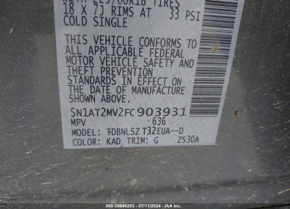 2015 NISSAN ROGUE SL VIN: 5N1AT2MV2FC903931