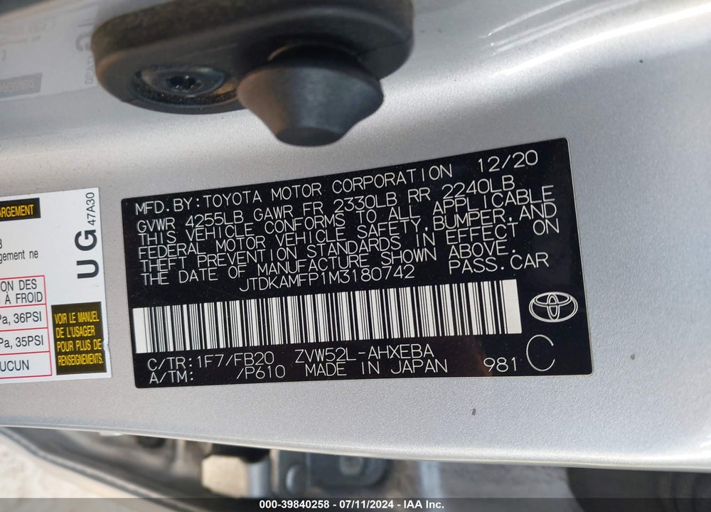 2021 TOYOTA PRIUS PRIME LE VIN: JTDKAMFP1M3180742