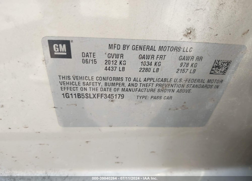 2015 CHEVROLET MALIBU LS VIN: 1G11B5SLXFF345179