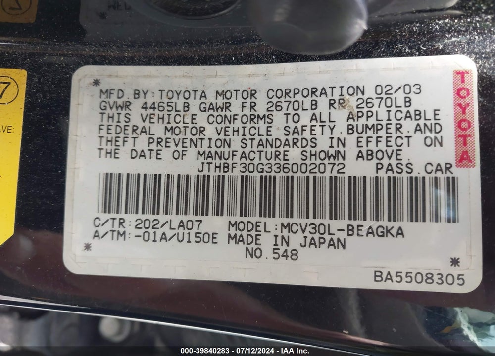 2003 LEXUS ES 300 VIN: JTHBF30G336002072