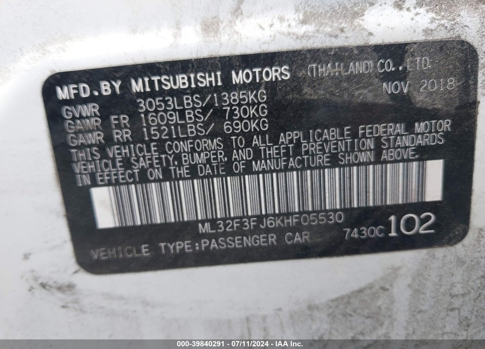 2019 MITSUBISHI MIRAGE G4 ES VIN: ML32F3FJ6KHF05530