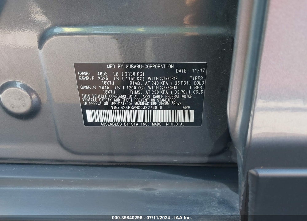 2018 SUBARU OUTBACK 2.5I LIMITED VIN: 4S4BSANC0J3276850