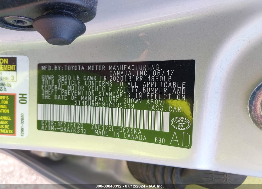 2017 TOYOTA COROLLA SE VIN: 2T1BURHE9HC935519