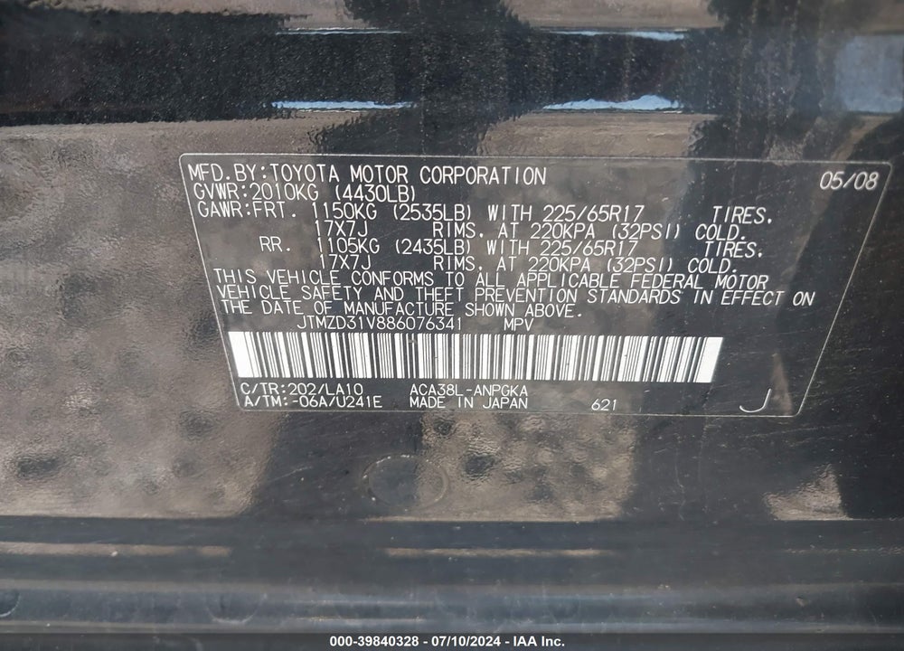 2008 TOYOTA RAV4 LIMITED VIN: JTMZD31V886076341