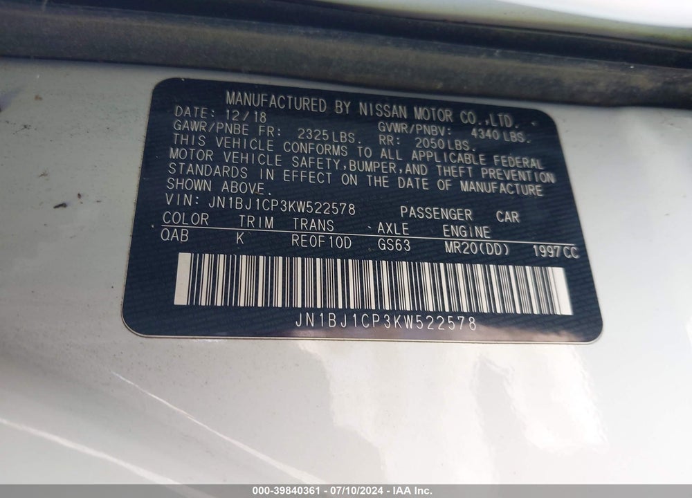 2019 NISSAN ROGUE SPORT VIN: JN1BJ1CP3KW522578