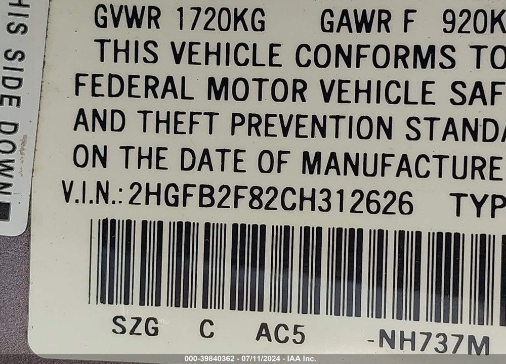 2012 HONDA CIVIC VIN: 2HGFB2F82CH312626