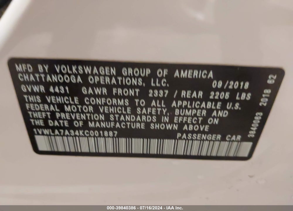 2019 VOLKSWAGEN PASSAT 2.0T WOLFSBURG EDITION VIN: 1VWLA7A34KC001887