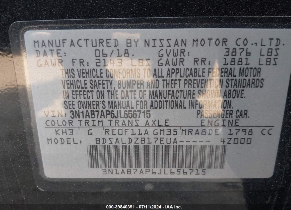 2018 NISSAN SENTRA SV VIN: 3N1AB7AP6JL656715