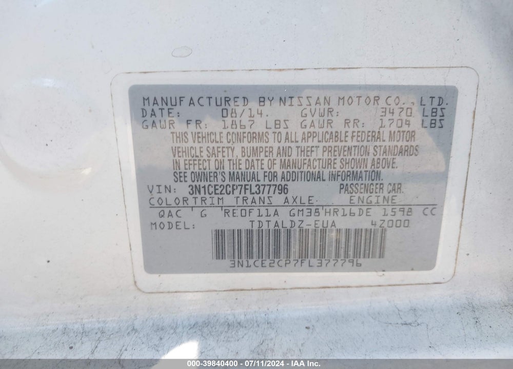 2015 NISSAN VERSA NOTE SV VIN: 3N1CE2CP7FL377796