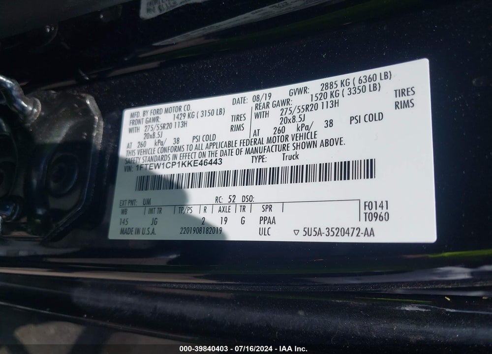 2019 FORD F-150 XL VIN: 1FTEW1CP1KKE46443