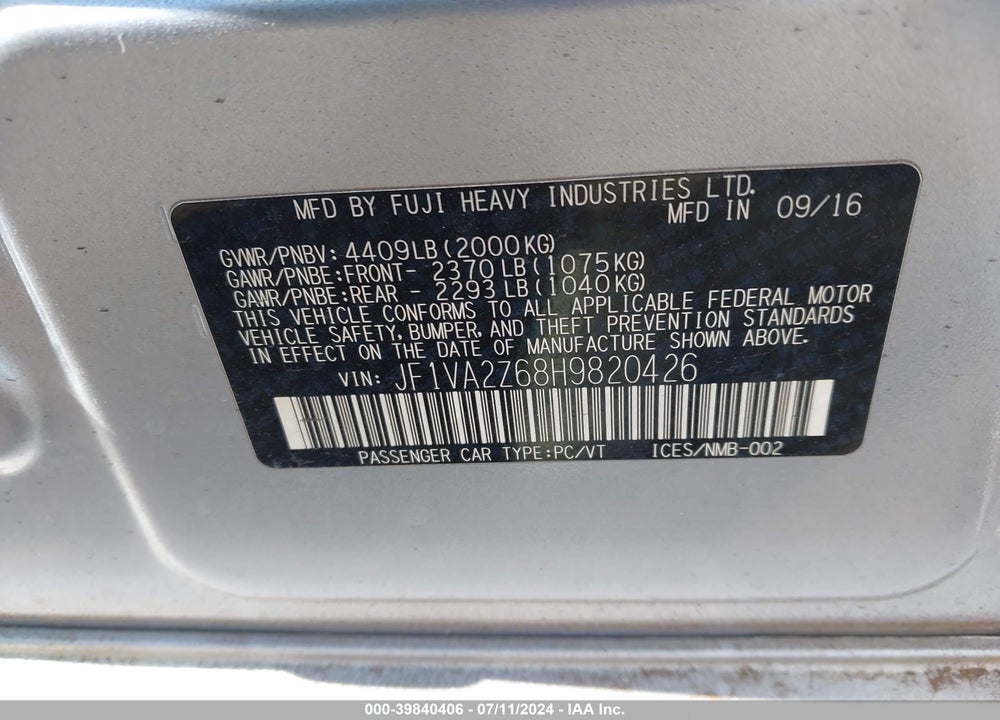 2017 SUBARU WRX STI LIMITED VIN: JF1VA2Z68H9820426