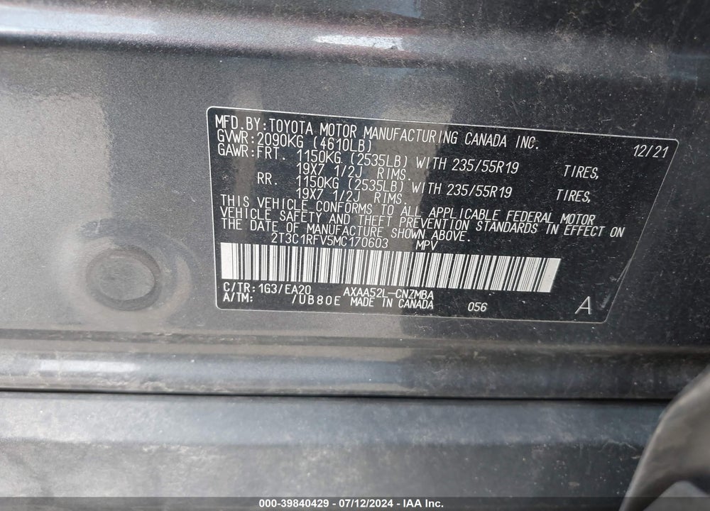 2021 TOYOTA RAV4 XLE PREMIUM VIN: 2T3C1RFV5MC170603