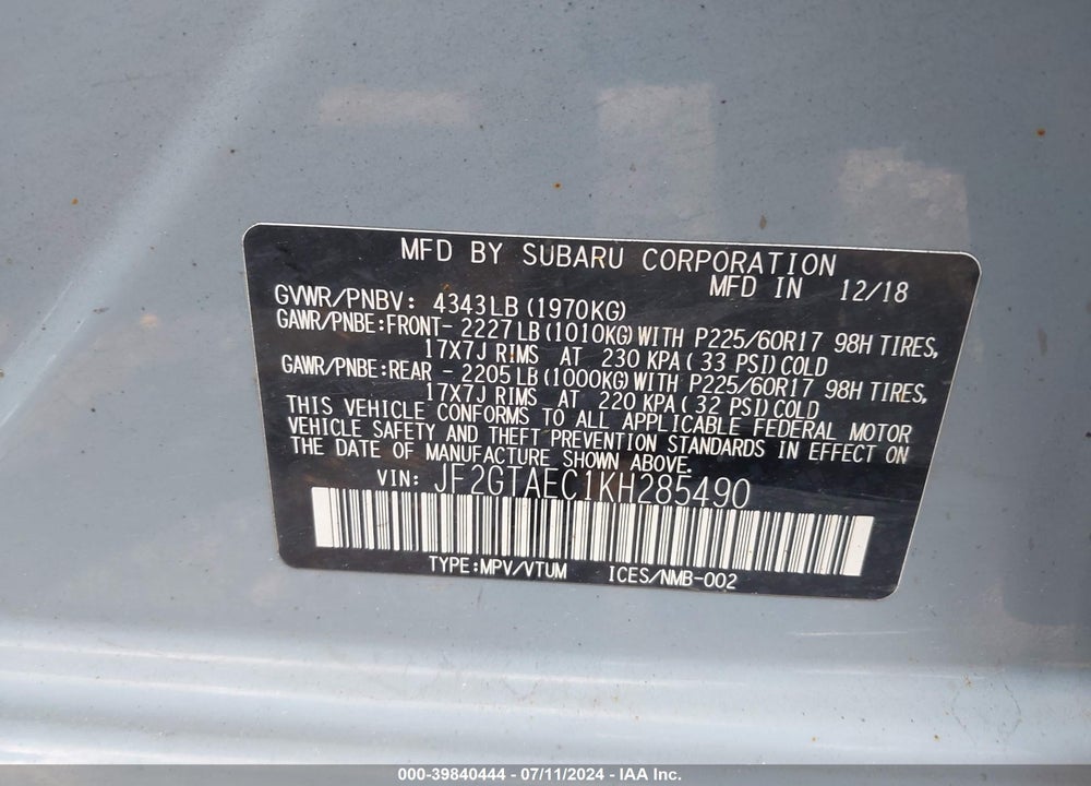 2019 SUBARU CROSSTREK 2.0I PREMIUM VIN: JF2GTAEC1KH285490