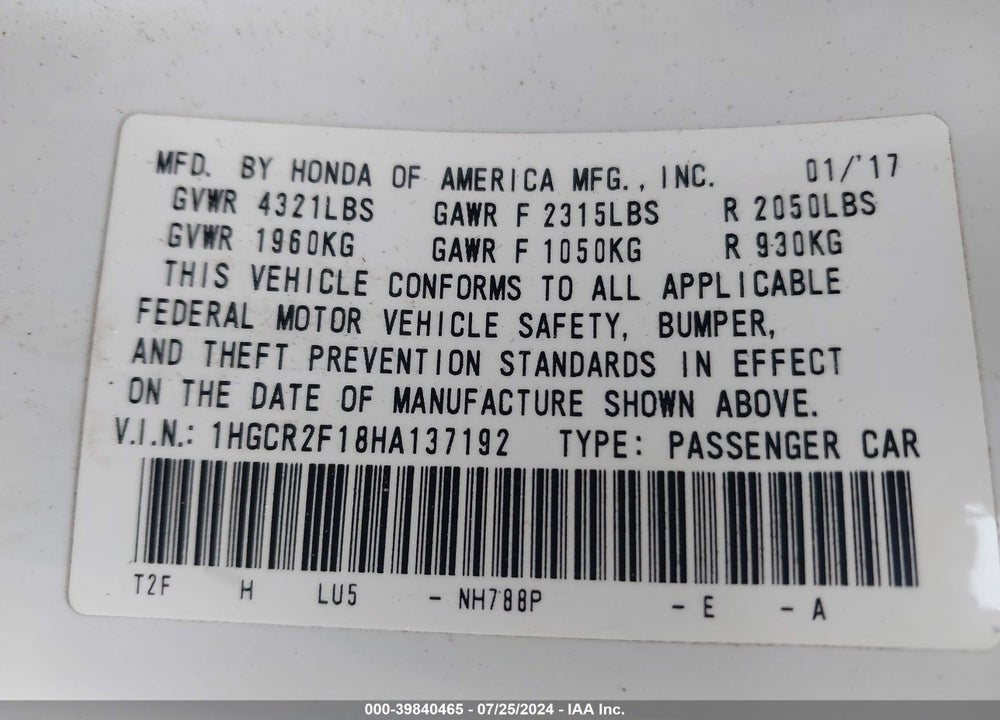 2017 HONDA ACCORD SPORT SE VIN: 1HGCR2F18HA137192