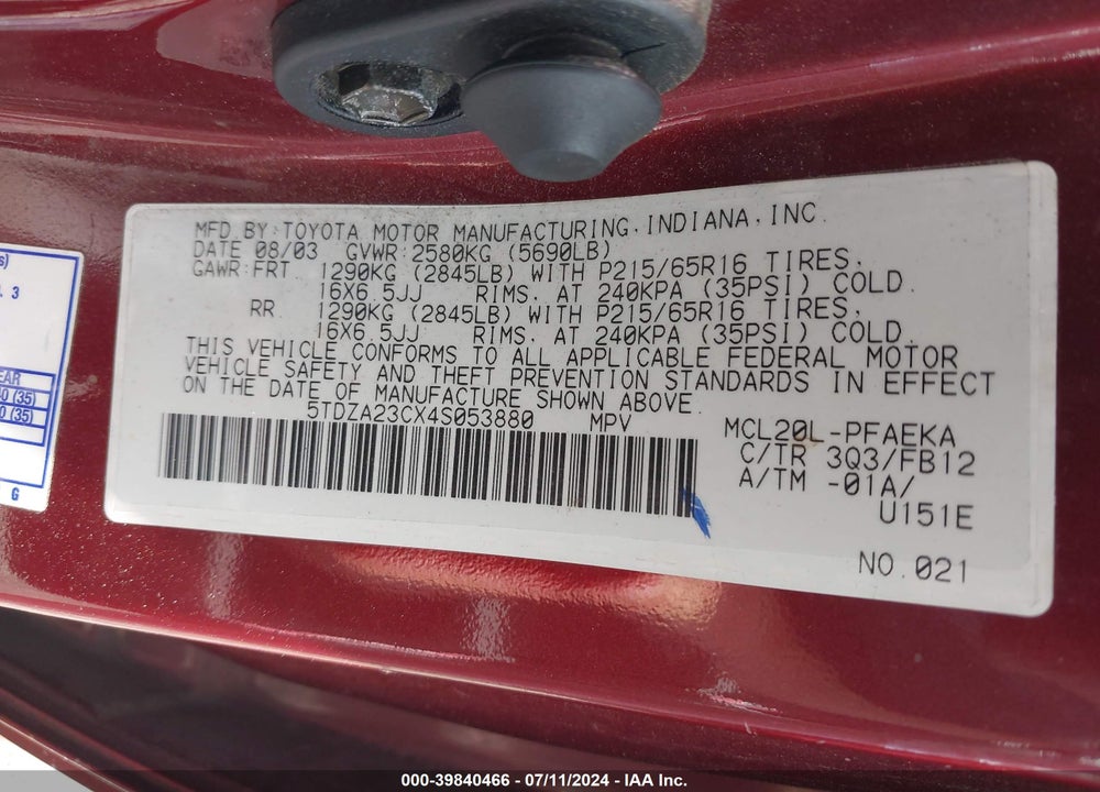 2004 TOYOTA SIENNA LE VIN: 5TDZA23CX4S053880