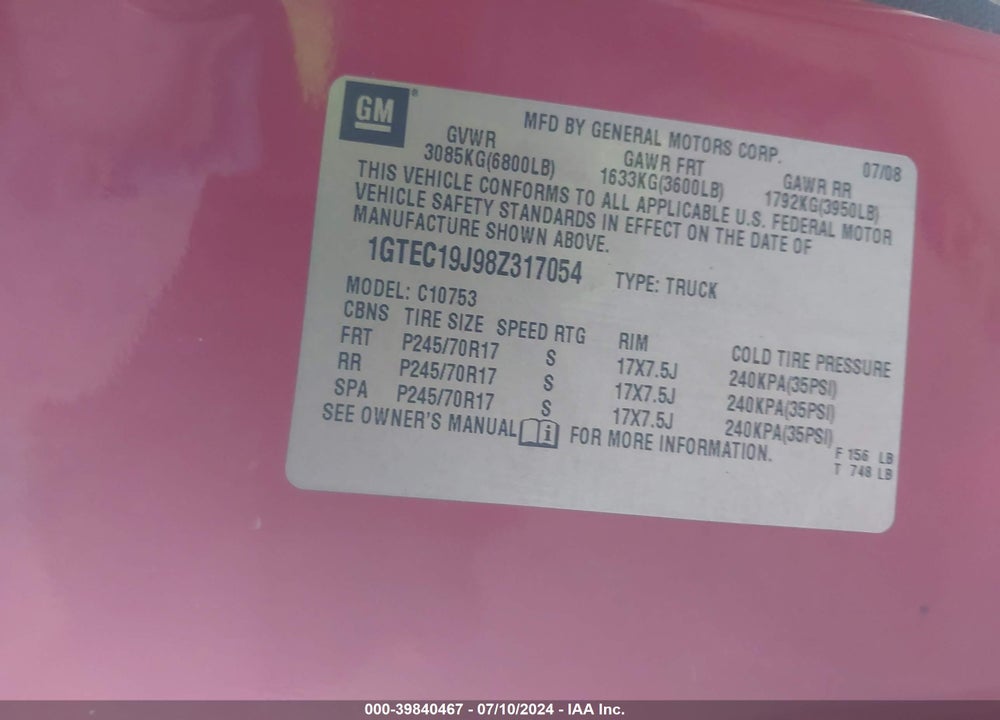 2008 GMC SIERRA 1500 SLE1 VIN: 1GTEC19J98Z317054