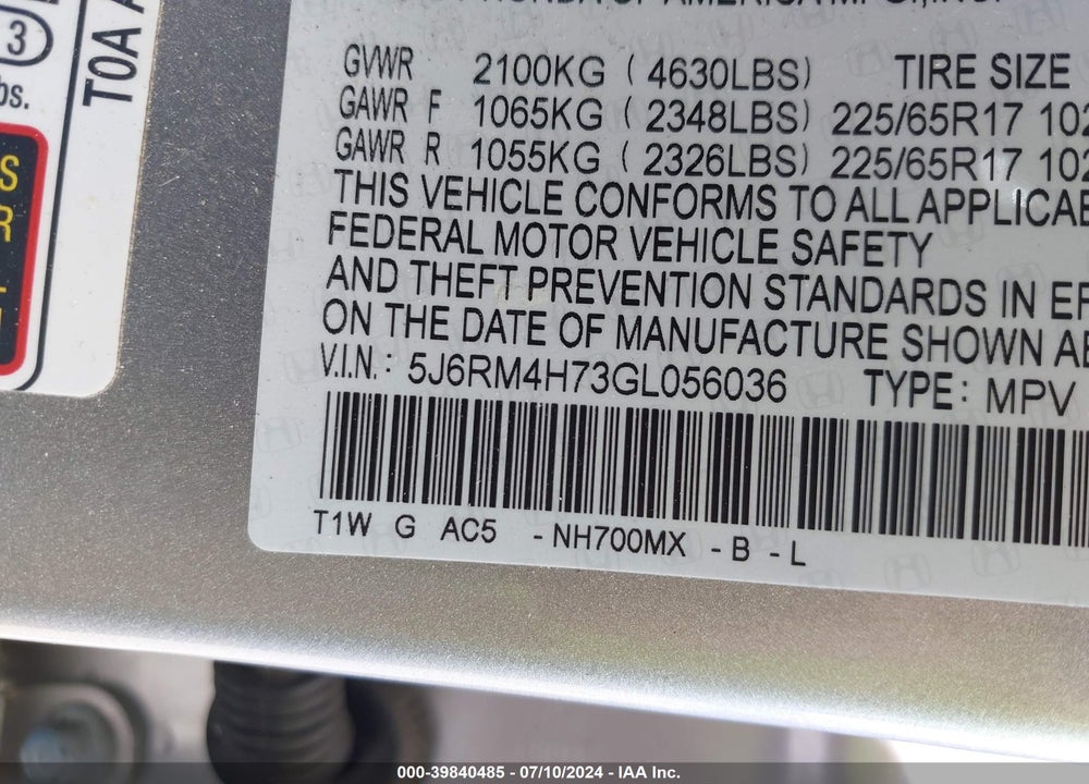 2016 HONDA CR-V EX-L VIN: 5J6RM4H73GL056036