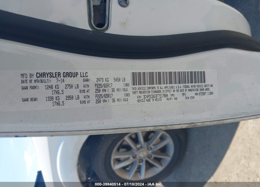 2015 DODGE JOURNEY SXT VIN: 3C4PDCBG3FT517884