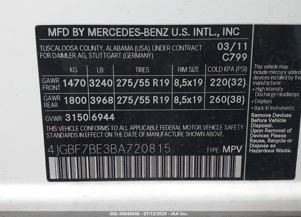 2011 MERCEDES-BENZ GL 450 4MATIC VIN: 4JGBF7BE3BA720815