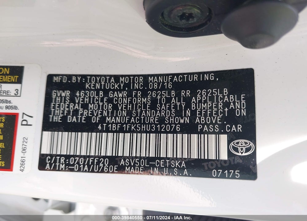 2017 TOYOTA CAMRY SE VIN: 4T1BF1FK5HU312076