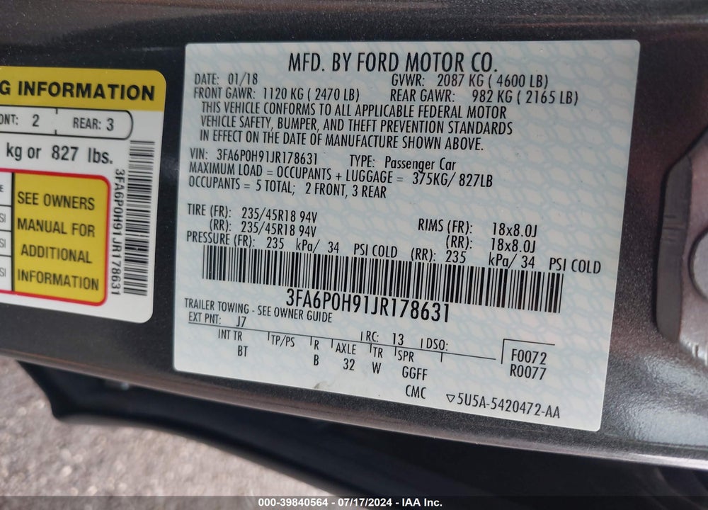 2018 FORD FUSION SE VIN: 3FA6P0H91JR178631