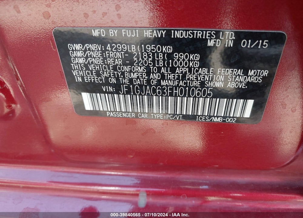 2015 SUBARU IMPREZA 2.0I PREMIUM VIN: JF1GJAC63FH010605