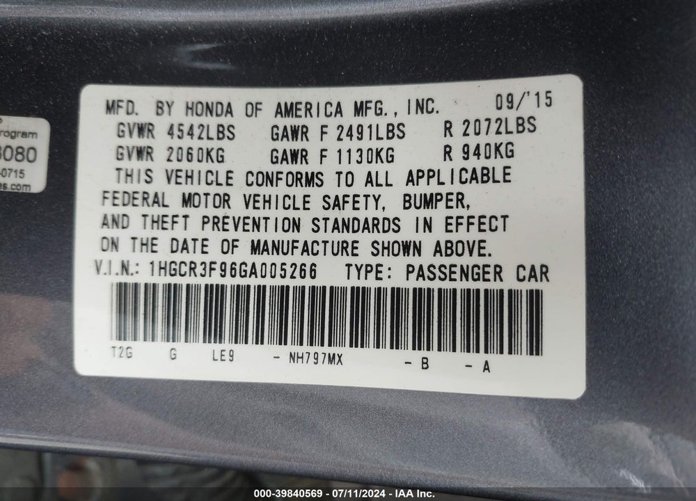 2016 HONDA ACCORD TOURING VIN: 1HGCR3F96GA005266