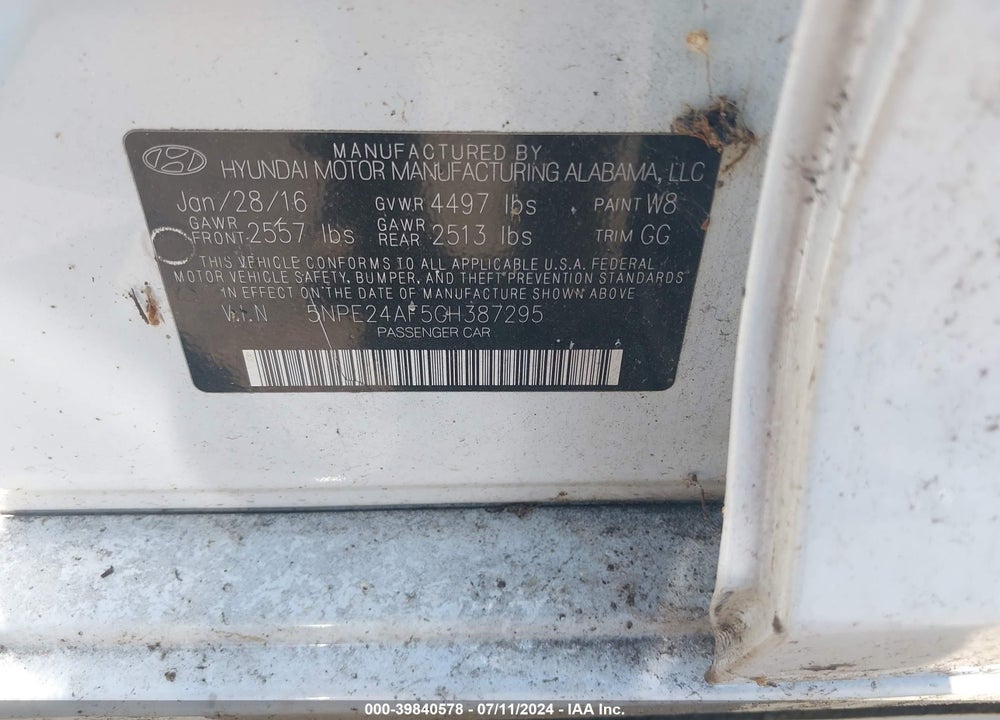 2016 HYUNDAI SONATA SE VIN: 5NPE24AF5GH387295