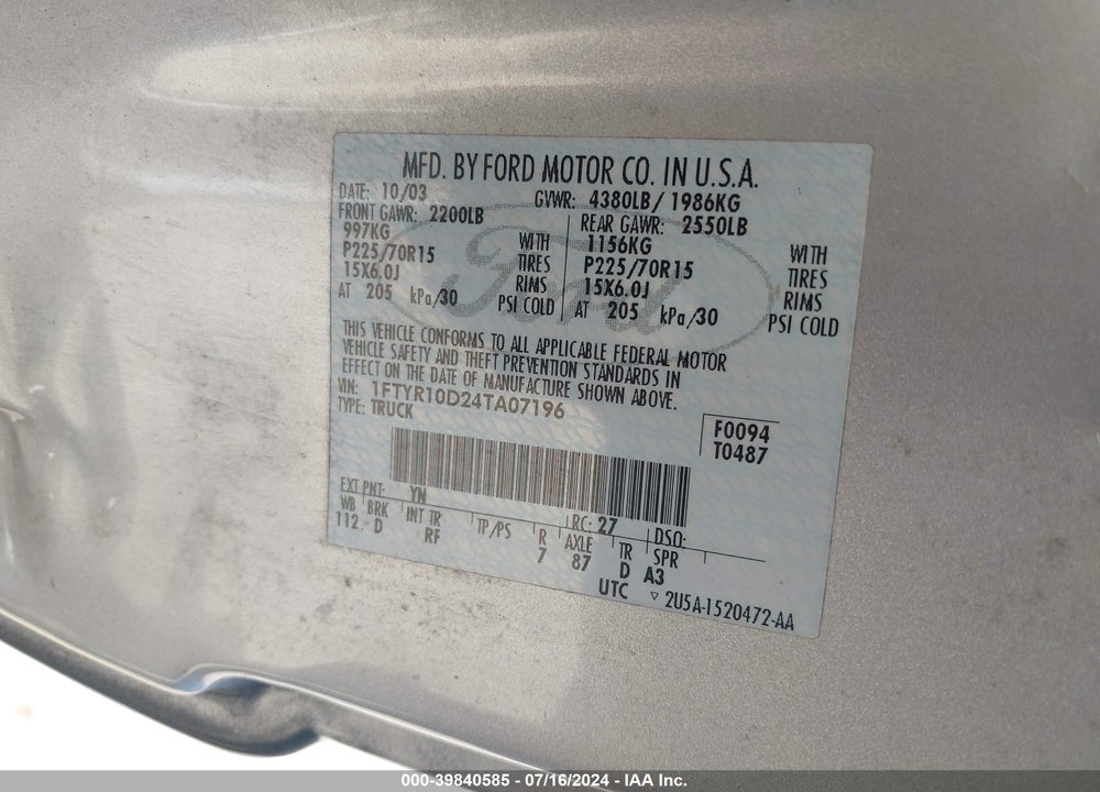 2004 FORD RANGER XL/XLT VIN: 1FTYR10D24TA07196