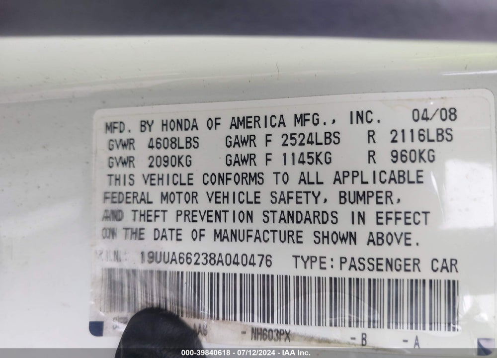 2008 ACURA TL 3.2 VIN: 19UUA66238A040476