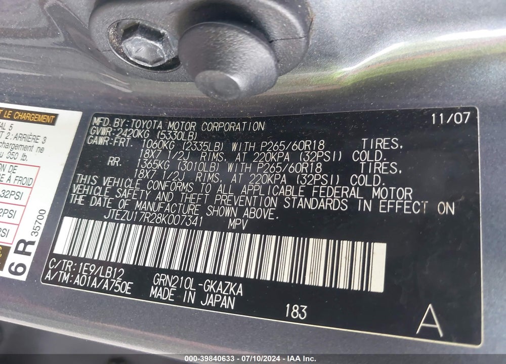2008 TOYOTA 4RUNNER LIMITED V6 VIN: JTEZU17R28K007341