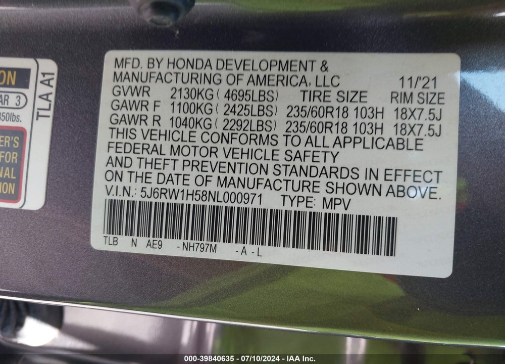 2022 HONDA CR-V 2WD EX VIN: 5J6RW1H58NL000971