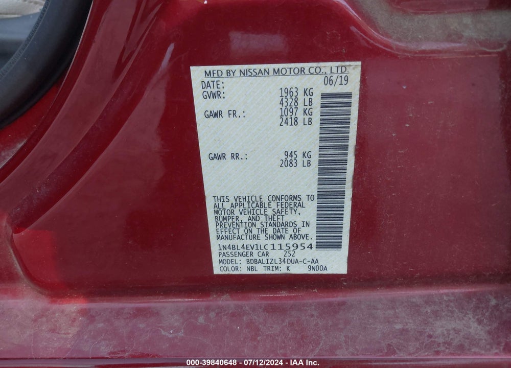 2020 NISSAN ALTIMA SL FWD VIN: 1N4BL4EV1LC115954