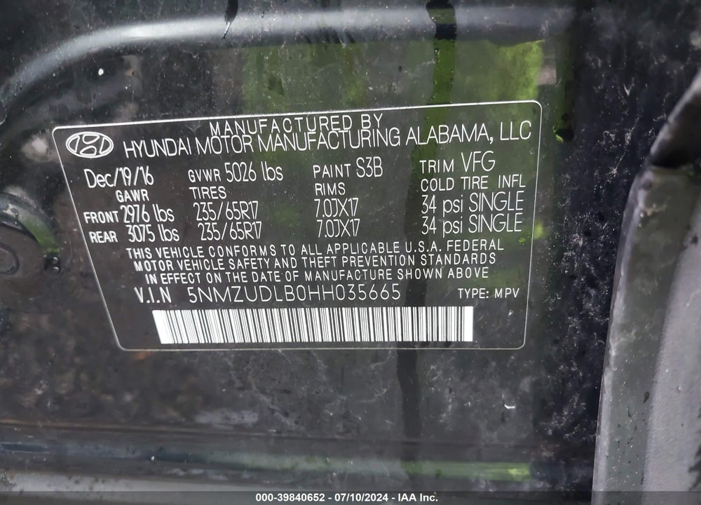 2017 HYUNDAI SANTA FE SPORT 2.4L VIN: 5NMZUDLB0HH035665