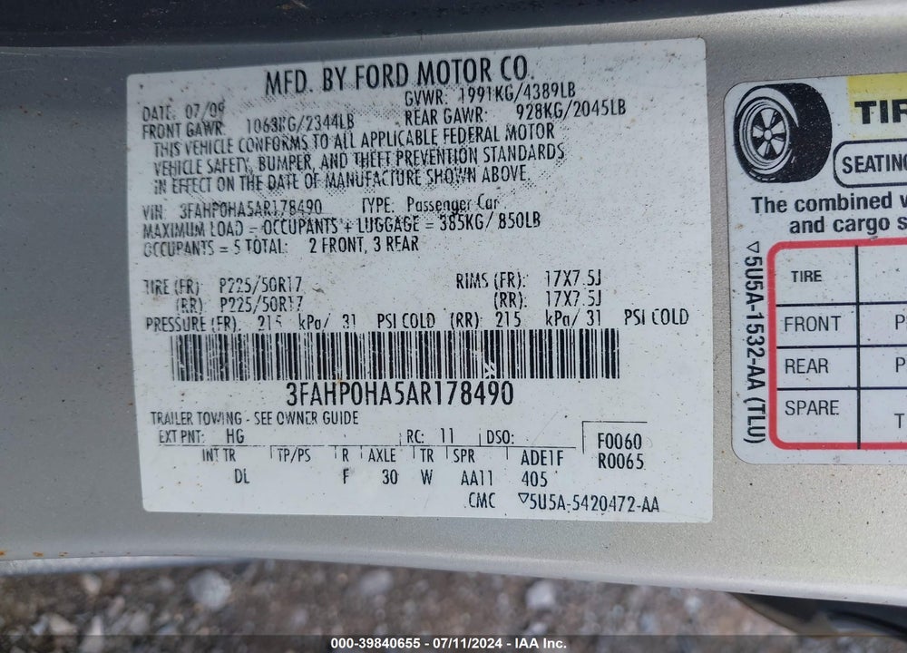 2010 FORD FUSION SE VIN: 3FAHP0HA5AR178490