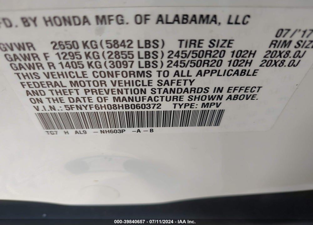 2017 HONDA PILOT ELITE VIN: 5FNYF6H08HB060372