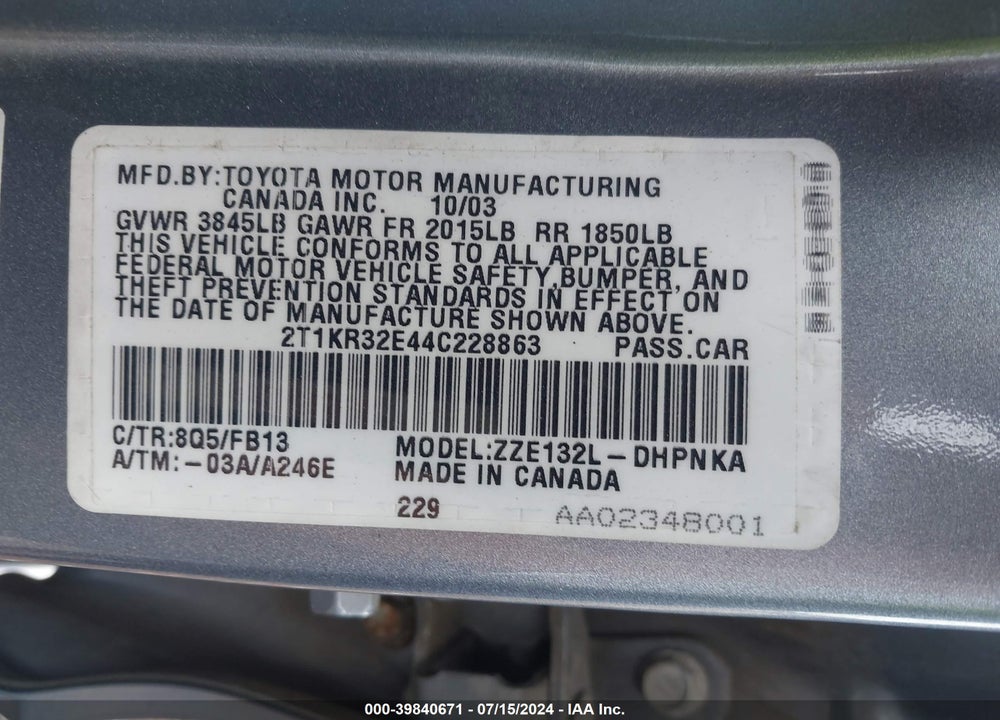 2004 TOYOTA MATRIX/XR VIN: 2T1KR32E44C228863