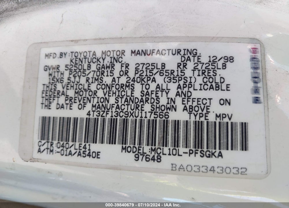 1999 TOYOTA SIENNA VIN: 4T3ZF13C9XU117566