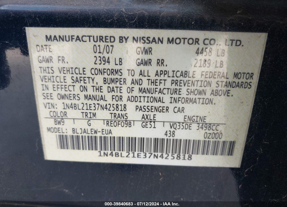 2007 NISSAN ALTIMA 3.5 SL VIN: 1N4BL21E37N425818