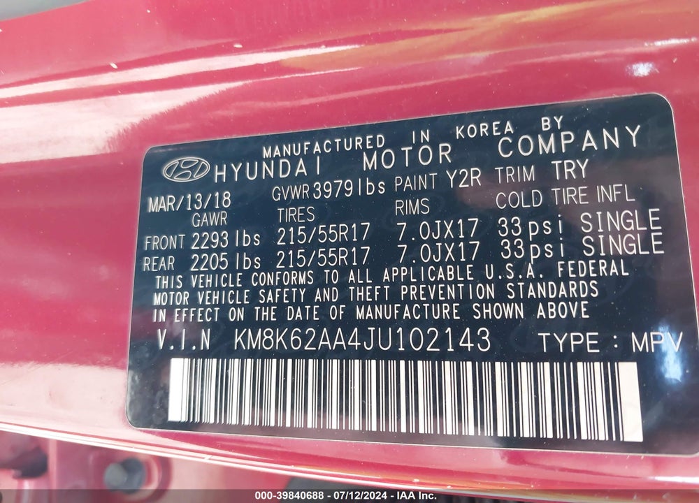 2018 HYUNDAI KONA SEL VIN: KM8K62AA4JU102143