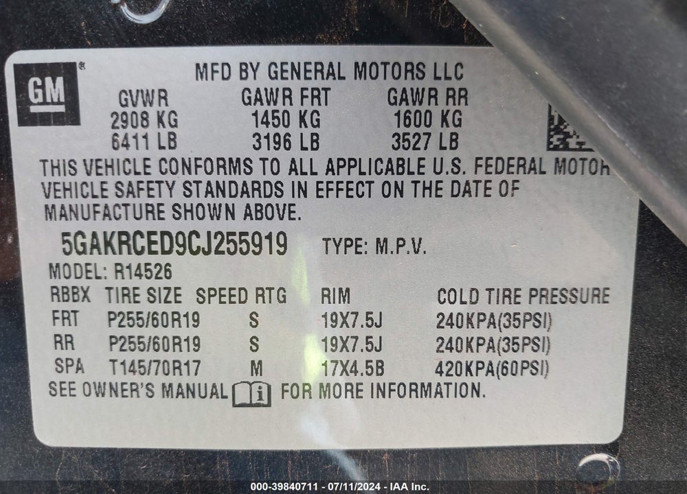 2012 BUICK ENCLAVE LEATHER VIN: 5GAKRCED9CJ255919