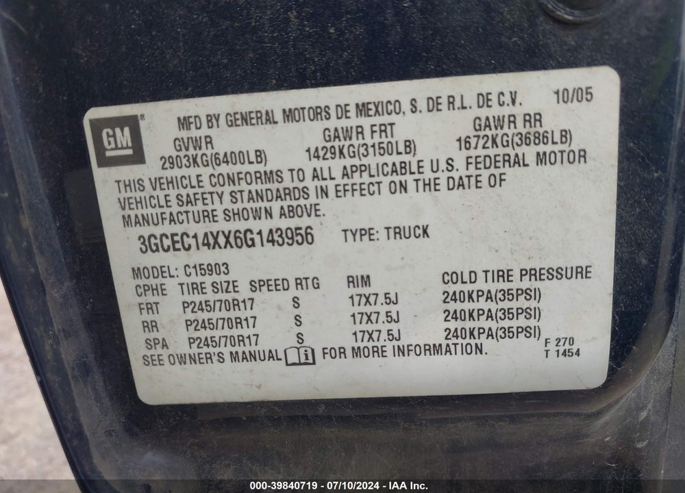 2006 CHEVROLET SILVERADO 1500 WORK TRUCK VIN: 3GCEC14XX6G143956