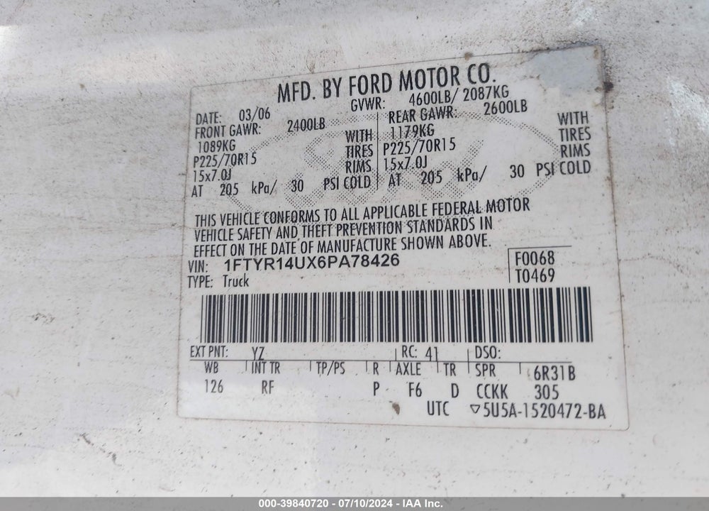 2006 FORD RANGER VIN: 1FTYR14UX6PA78426
