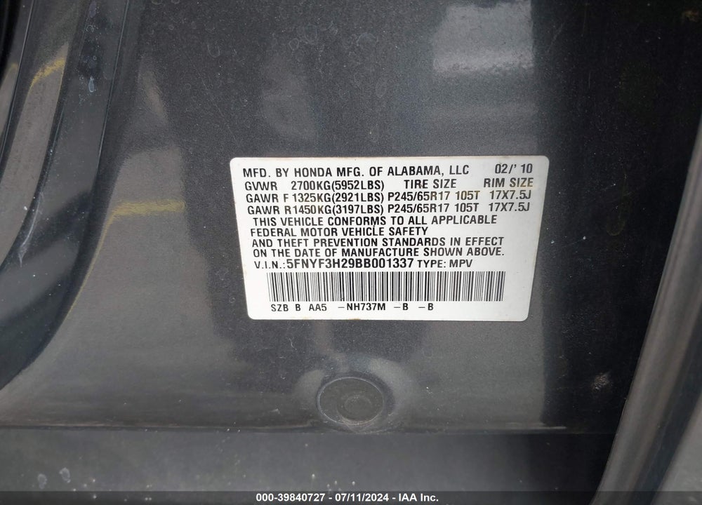 2011 HONDA PILOT LX VIN: 5FNYF3H29BB001337