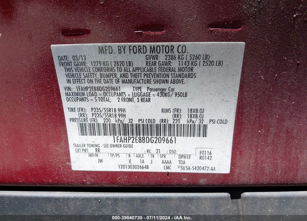 2013 FORD TAURUS SEL VIN: 1FAHP2E88DG209661