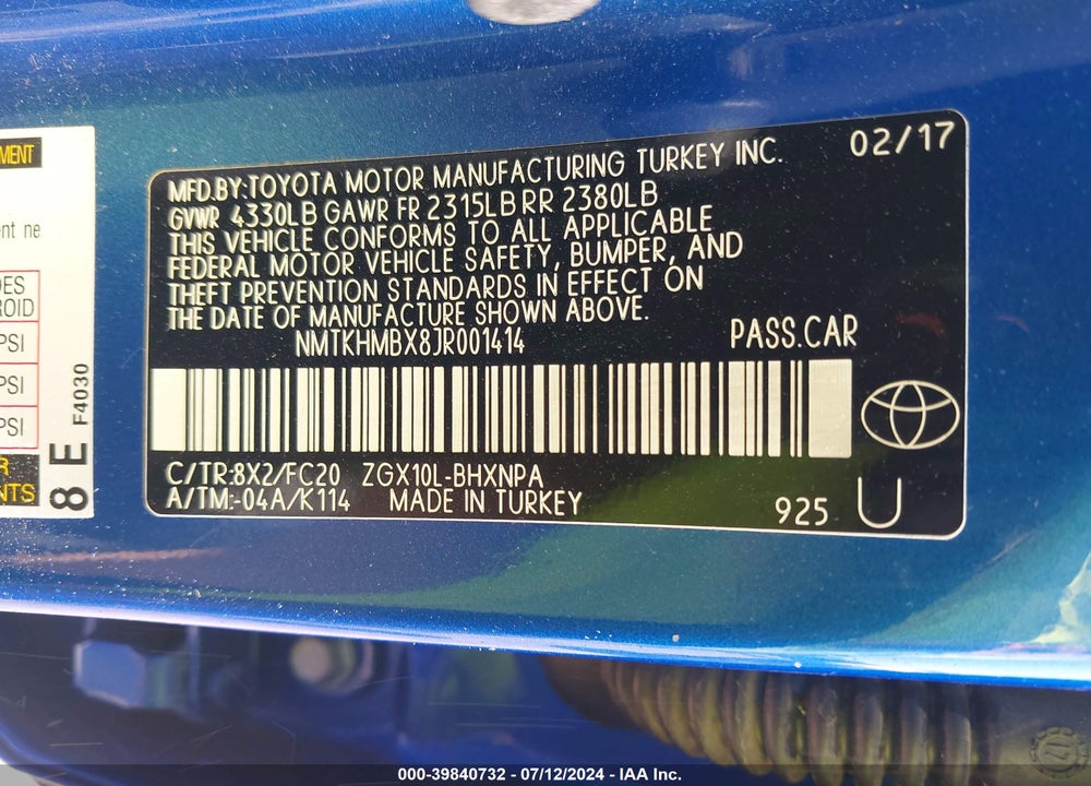 2018 TOYOTA C-HR XLE PREMIUM VIN: NMTKHMBX8JR001414